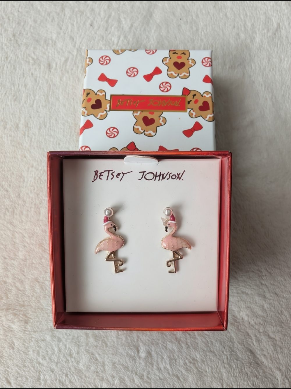 Betsey Johnson Pink Flamingo Christmas Earrings with Pearl Accents